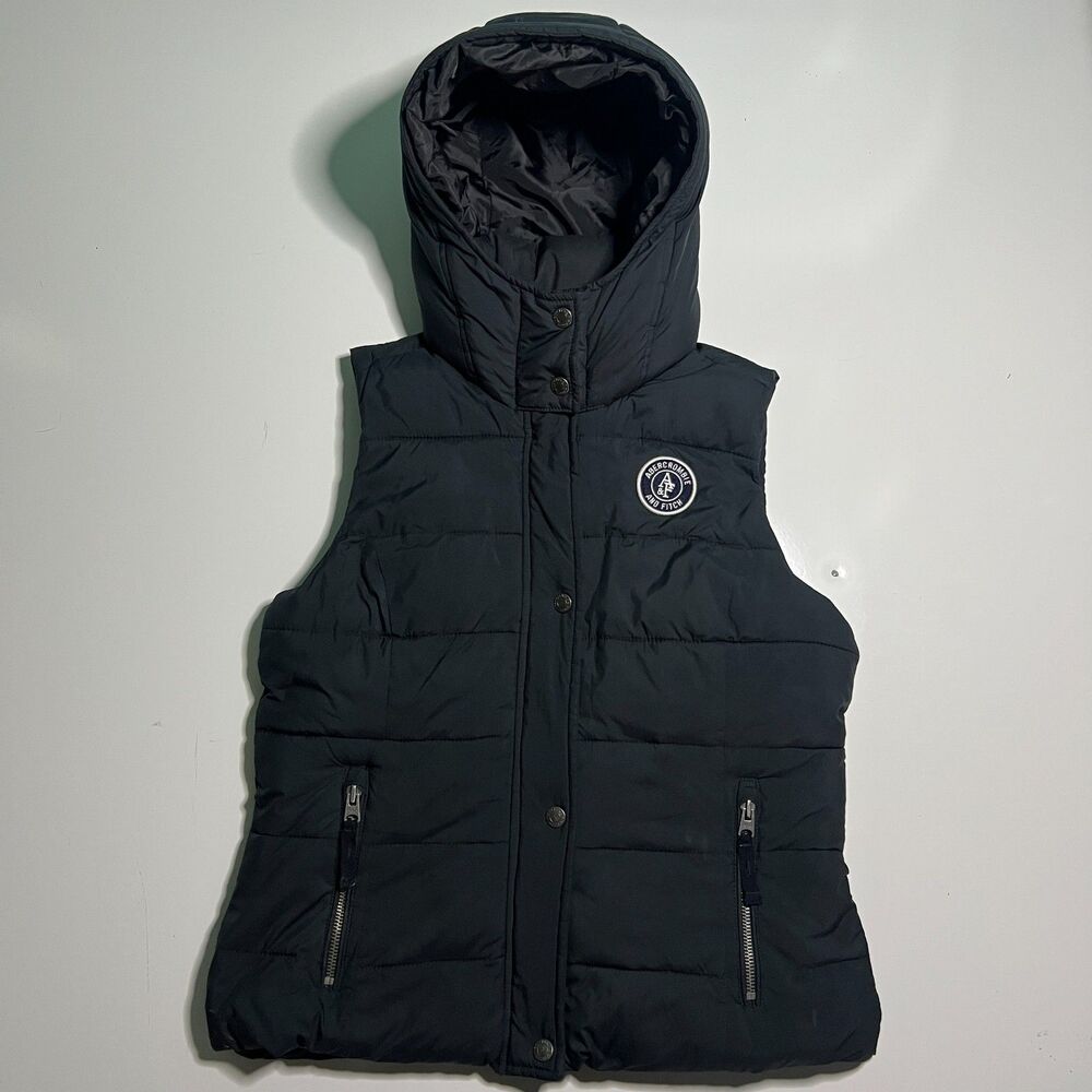 Abercrombie & Fitch Womens Puffer Vest M Navy Hooded Sherpa Fleece Lined Snap